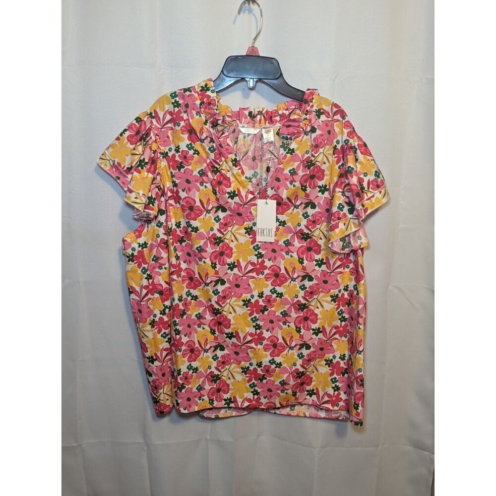 Kaktus Women's Floral Spring Colored Short Sleeve Blouse Size XXL